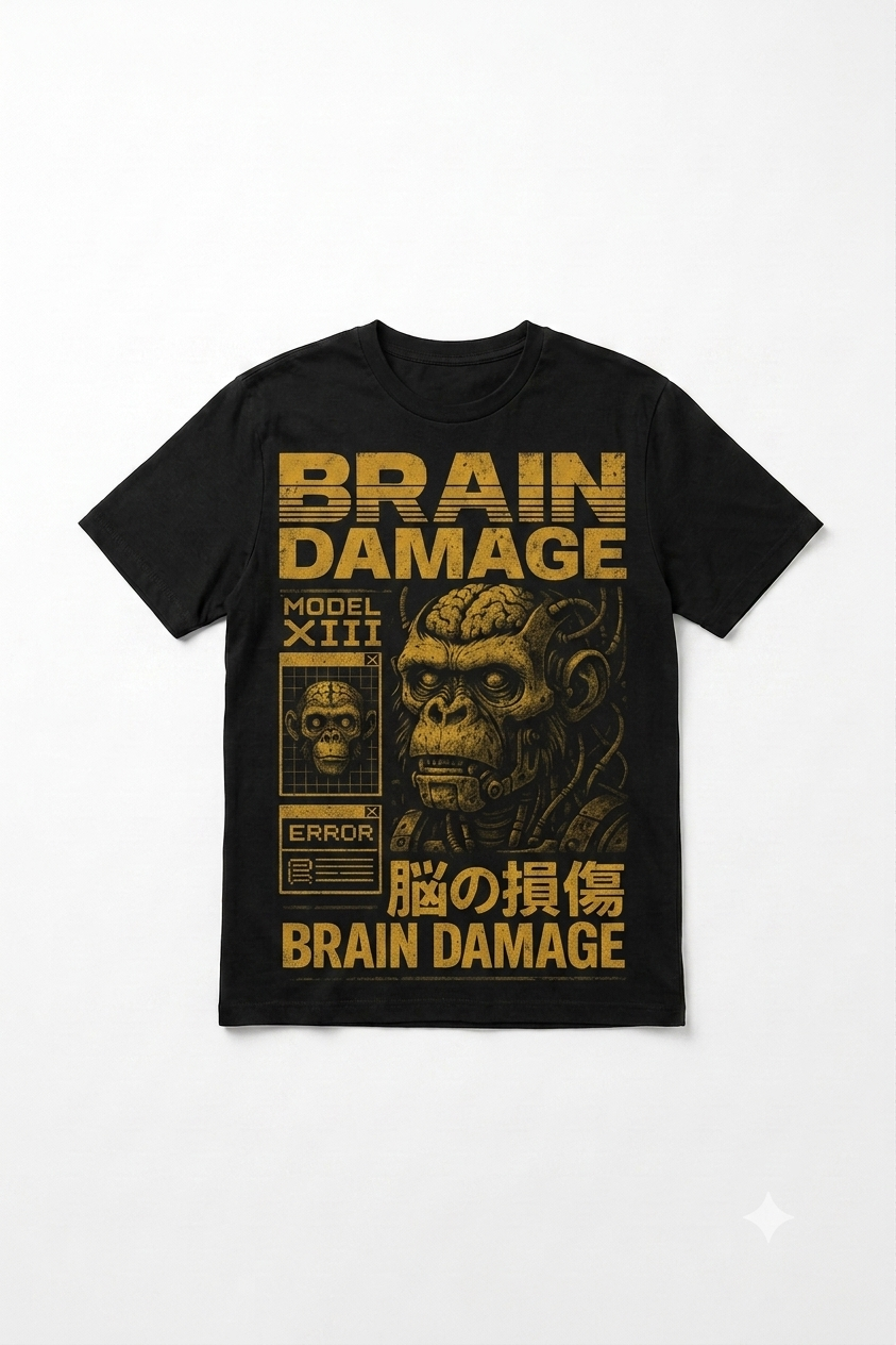 Maglietta Cyberpunk unisex nera con grafica Brain Damage, stampa streetwear