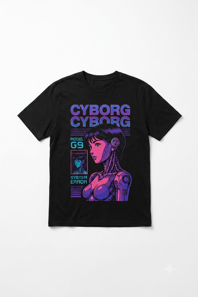 Maglietta Cyberpunk unisex nera con grafica Cyborg, stampa streetwear