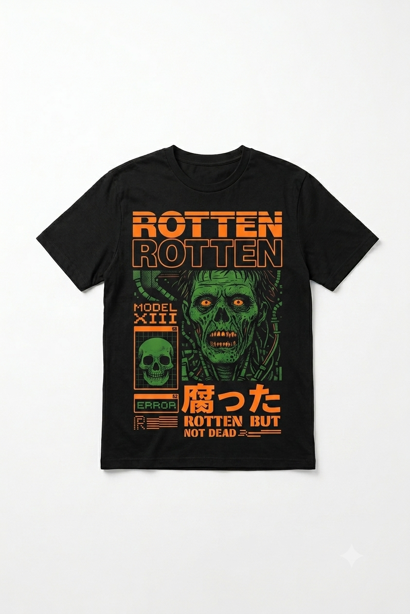 Maglietta Cyberpunk unisex nera con grafica Rotten, stampa streetwear