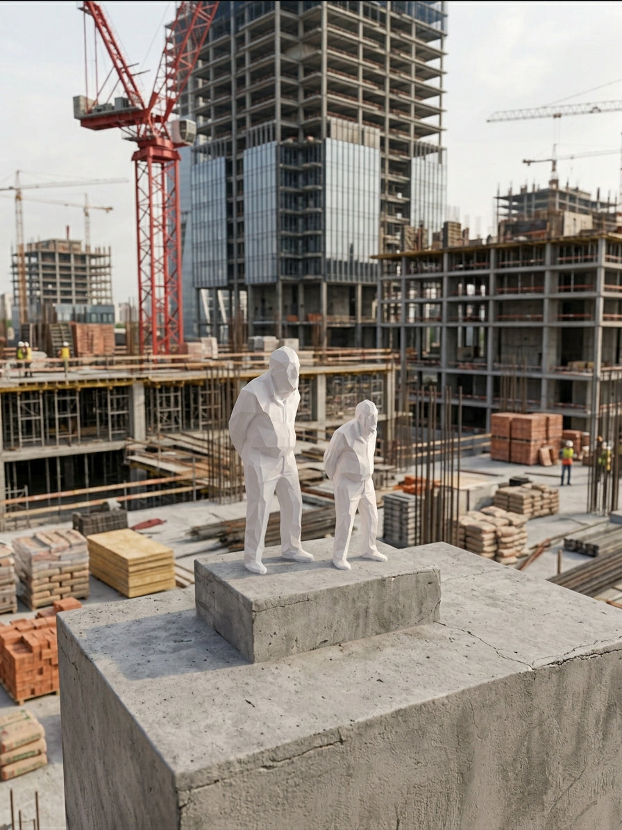 Statuine Umarell bianche su un blocco di cemento davanti a un cantiere con gru, in stile omino da cantiere