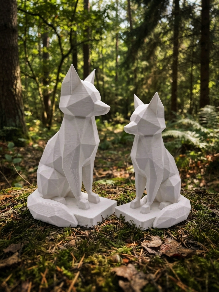 Statuina volpe in stampa 3D come soprammobile da scrivania, design low-poly