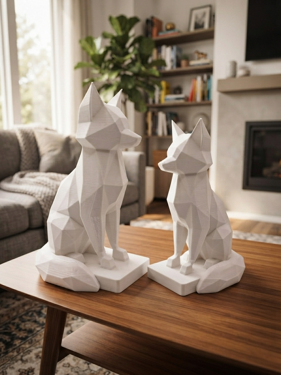 Dettaglio della finitura low-poly della statuina volpe stampata in 3D in PLA