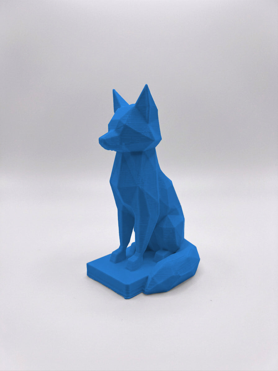 Statuina volpe blu in stampa 3D PLA, totem animale low-poly da collezione