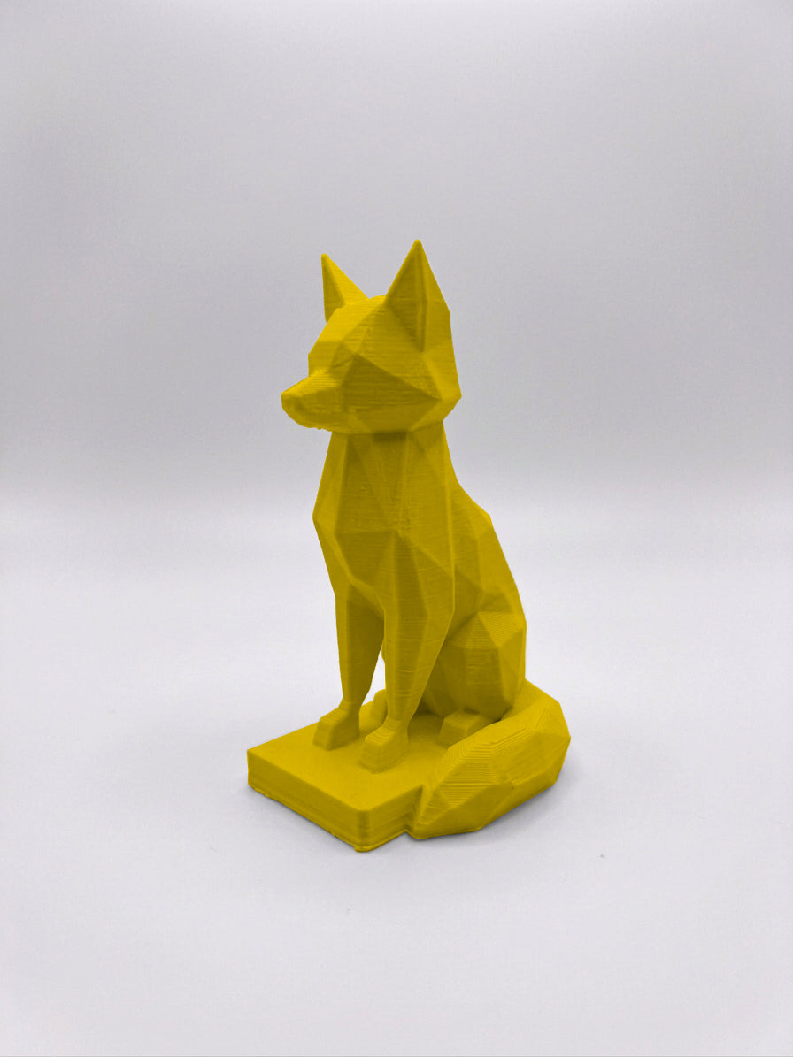 Statuina volpe giallo in stampa 3D PLA, totem animale low-poly da collezione