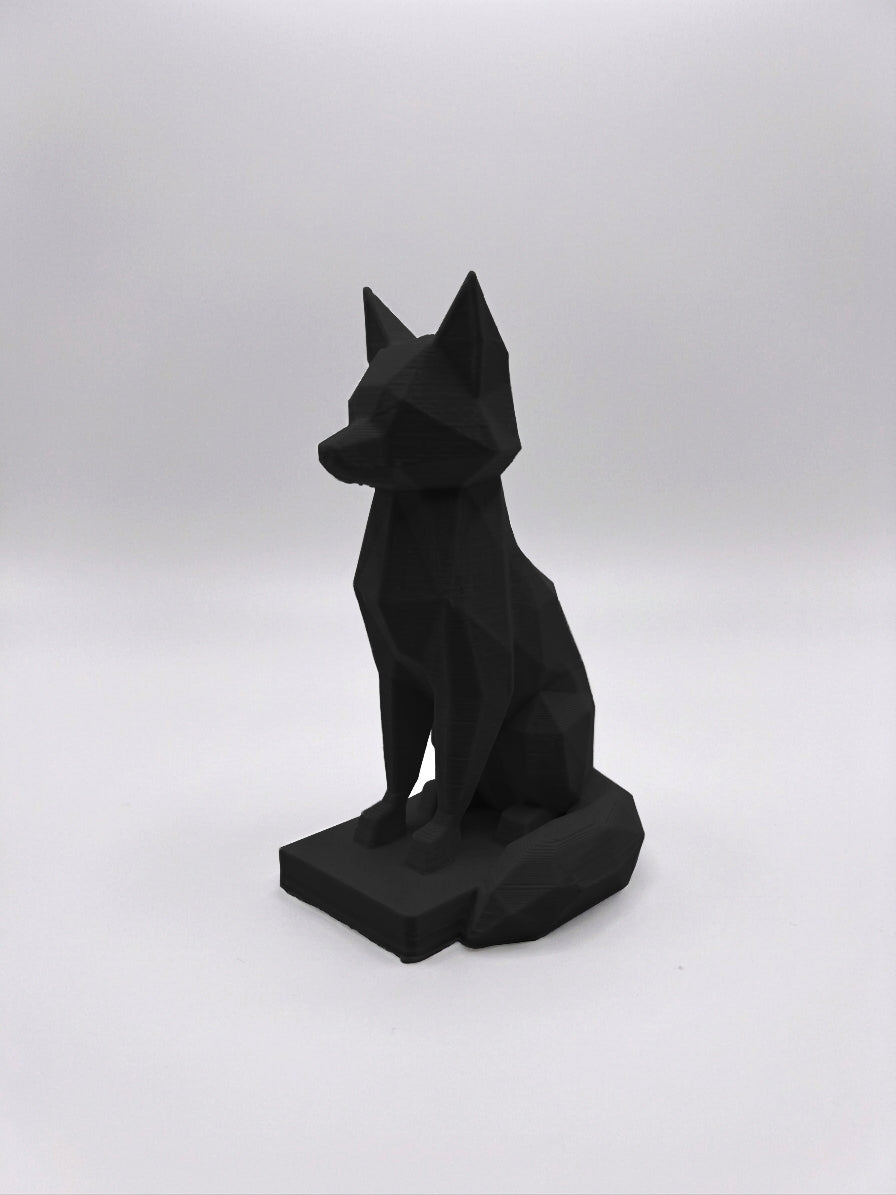 Statuina volpe nero in stampa 3D PLA, totem animale low-poly da collezione
